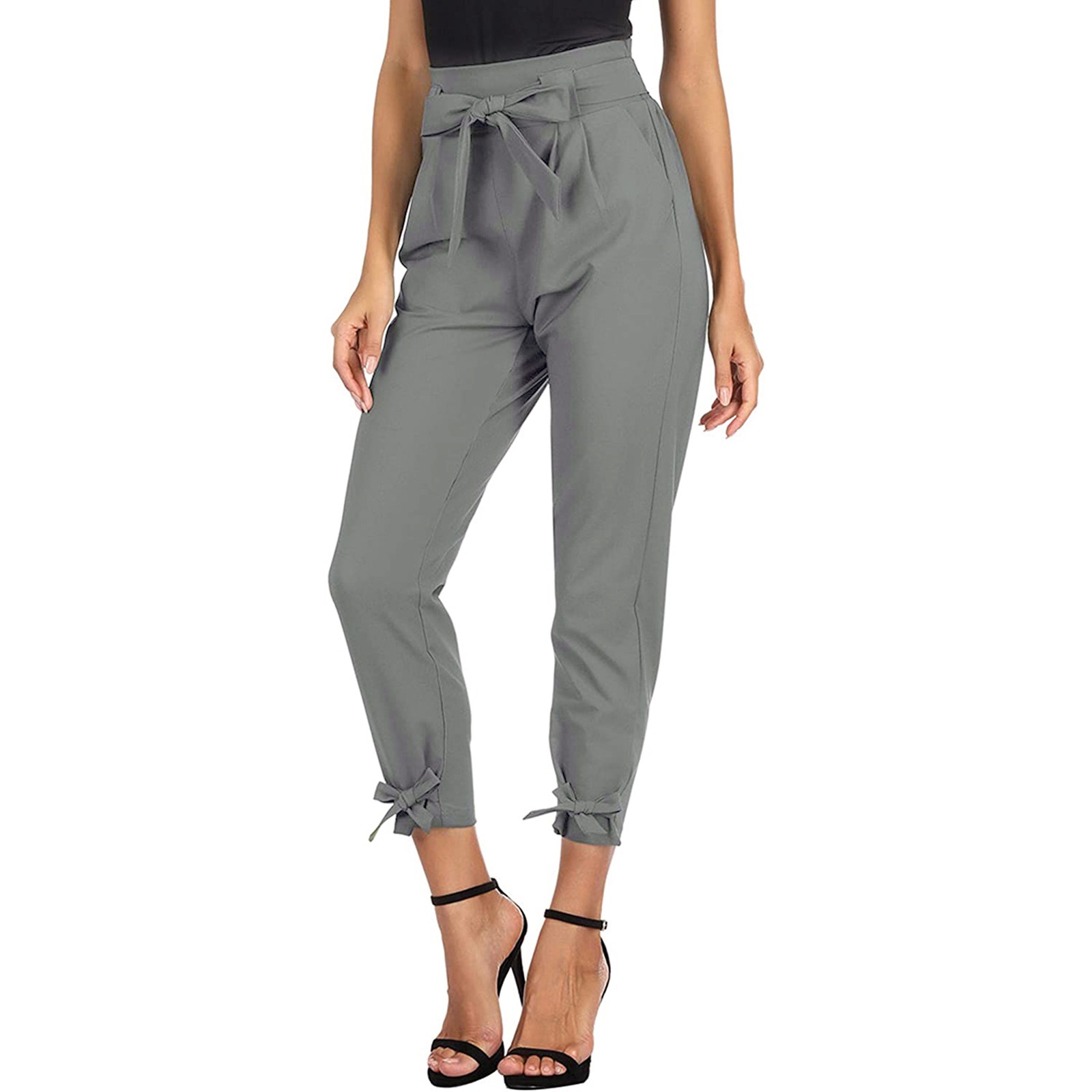 thumbnail image 2 of Pantalones pitillo de cintura alta para mujer - Bolsillo con lazo, poliéster liso, ropa informal/de fiesta, largo completo, S-XXL, 2 of 8